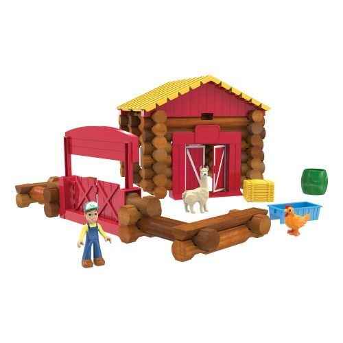 Log cabin toy set with red-fronted barn, yellow roof, farmer figure, llama, chicken, and accessories on white.