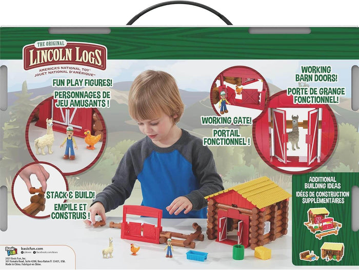 Toy packaging shows a boy building a farm with brown wooden logs, red gates, a yellow roof, and plastic animal figures.