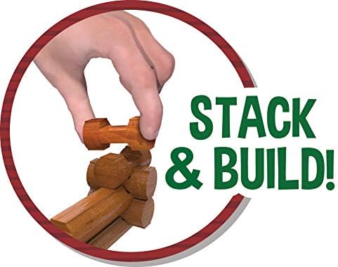 A hand stacking notched wooden logs. Green text says STACK & BUILD! inside a red circular border.