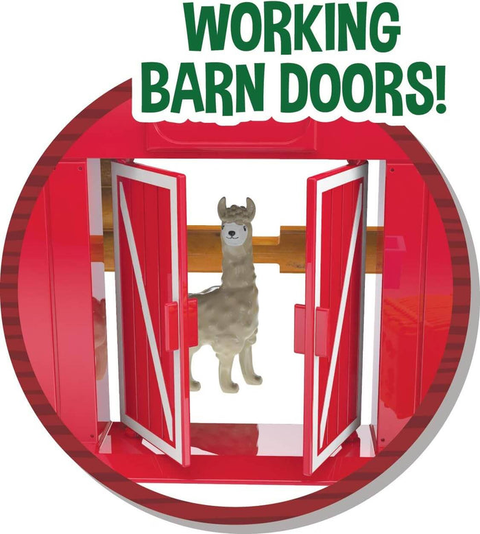 Red toy barn with open doors showing a tan llama figure. Green text at top reads WORKING BARN DOORS!