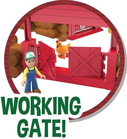 Toy farmer and chicken by a red opening gate on a log barn, with large green text saying WORKING GATE!