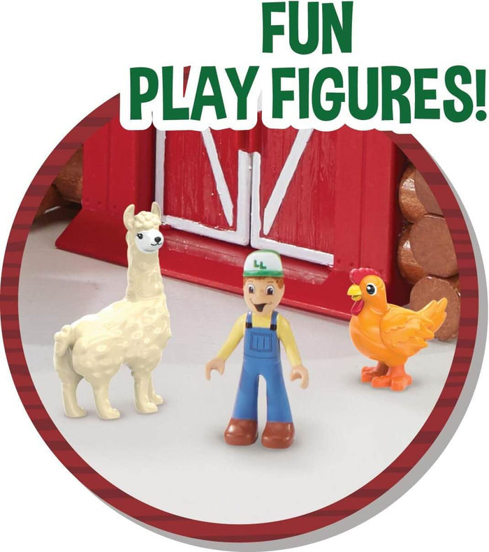 White llama, farmer in blue overalls, and orange hen toy figures standing in front of a red log barn.