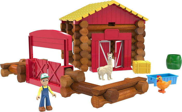 Lincoln Logs farm set featuring a log cabin, red fence, farmer figure, white llama, orange chicken, and accessories.