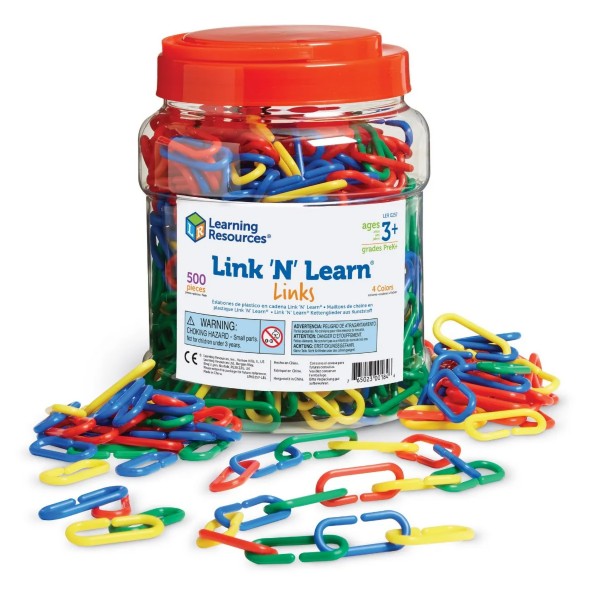 Clear jar filled with red, blue, yellow, and green plastic oval links, some scattered and chained in front.