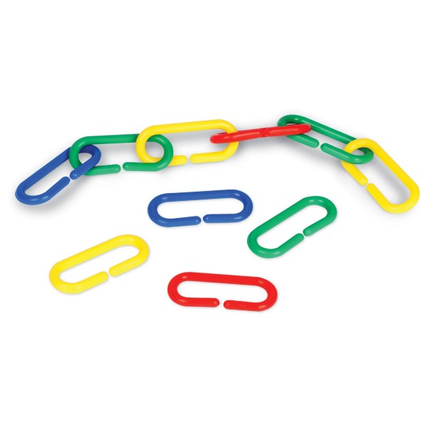Red, blue, green, and yellow plastic oval links shown connected as a chain and individually.
