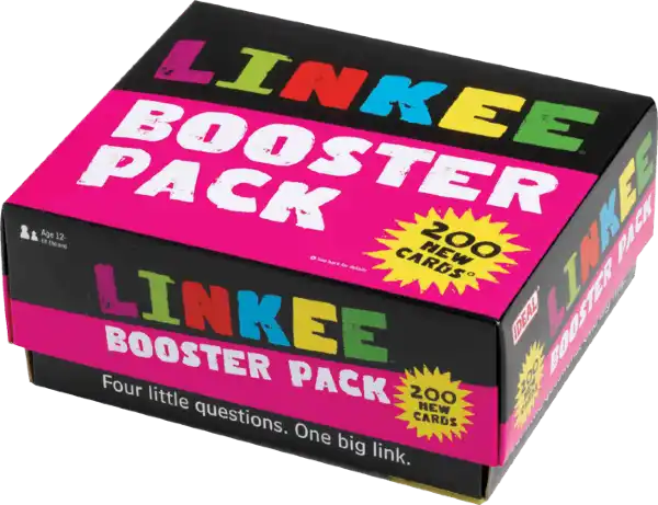 Pink and black game box with bold white text and a colorful Linkee logo. A yellow starburst reads 200 NEW CARDS.
