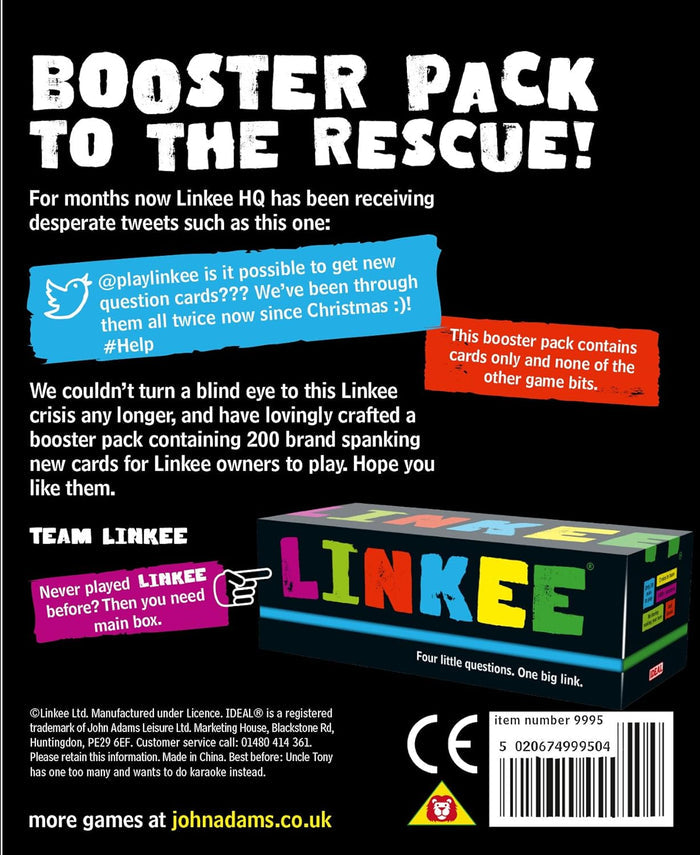 Linkee Booster Pack box with neon lettering on a black background with promotional text about 200 new cards.
