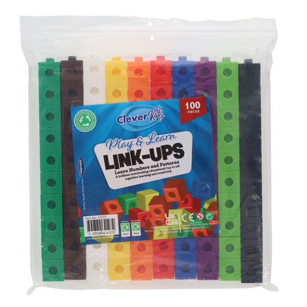 100 multicolored linking cubes in ten columns inside a clear plastic bag with a blue product label.