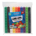 100 multicolored linking cubes in ten columns inside a clear plastic bag with a blue product label.