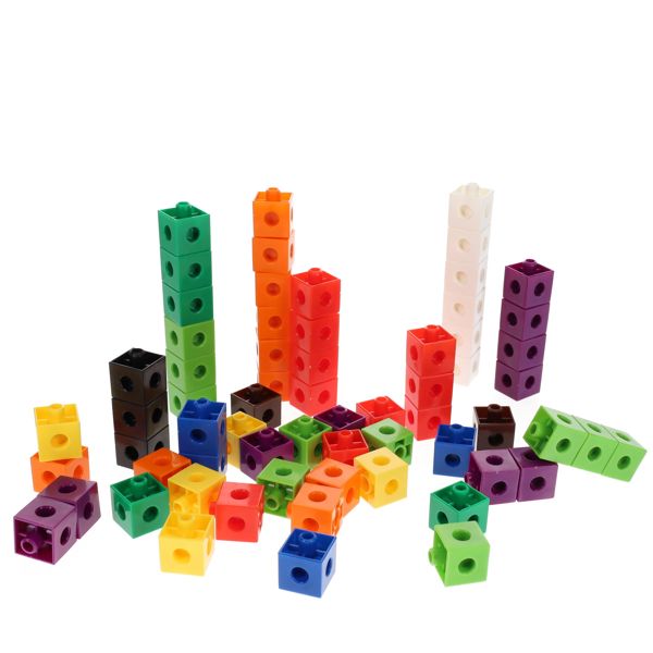 Colorful interlocking plastic cubes stacked in towers and scattered on a white background.