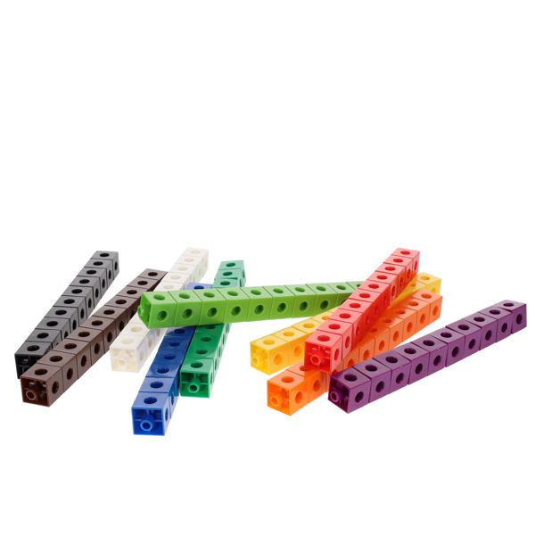 Ten bars of colorful interlocking math cubes in red, orange, yellow, green, blue, purple, black, white, and brown.