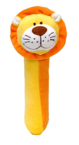 Plush lion toy with orange mane and a long yellow and orange handle featuring smooth and ribbed fabric textures.