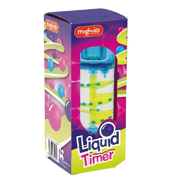 Magneidz Liquid Timer in a purple and green box showing green droplets spiraling down a clear blue cylinder.
