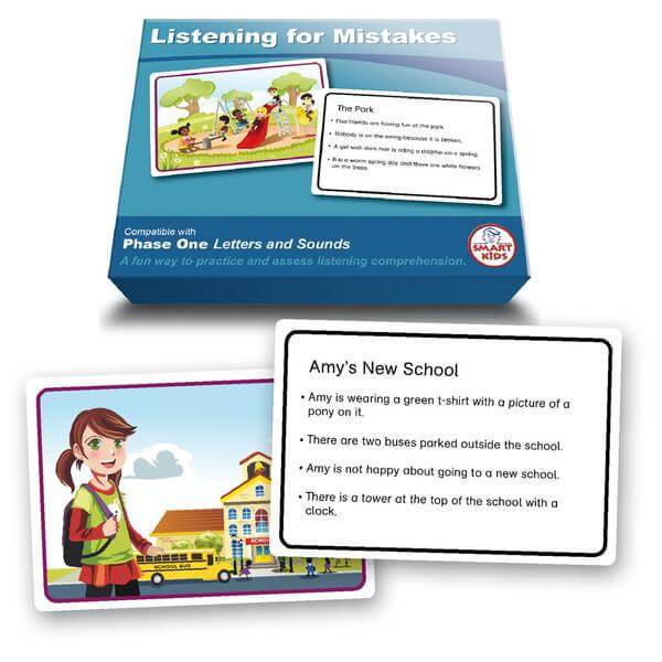 Blue box and cards featuring illustrations of a park and a school bus with text prompts for an educational game.