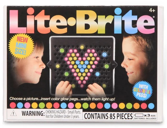 Lite-Brite Mini box showing two kids and a small pegboard with a glowing heart design made of colorful pegs.