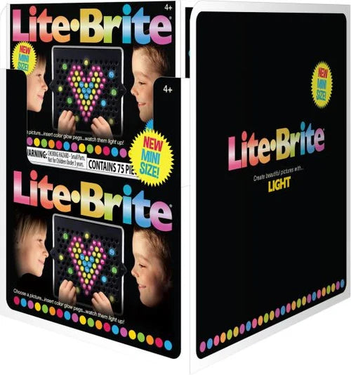 Black toy box with colorful neon Lite-Brite logo, images of children, and a heart shape made of glowing pegs.