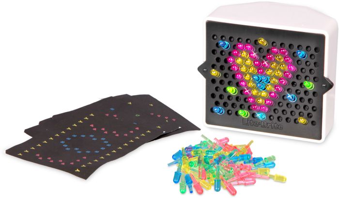 White light-up toy console with glowing heart pattern, black templates, and multicolored translucent plastic pegs.