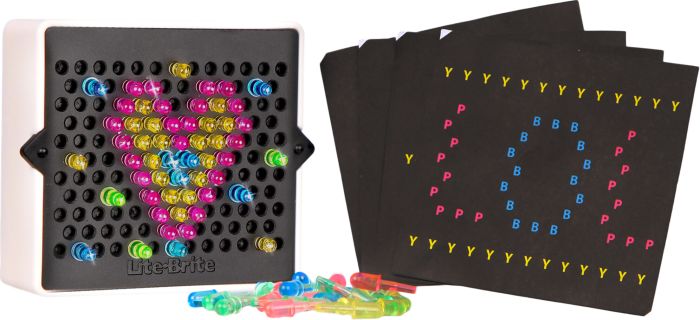 Small black light board with a heart-shaped design of colorful pegs, extra plastic pegs, and black template sheets.