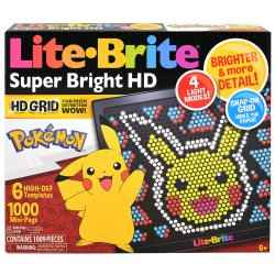 Lite-Brite Pokémon packaging featuring a yellow Pikachu and a glowing peg-art design of his face on a black grid.