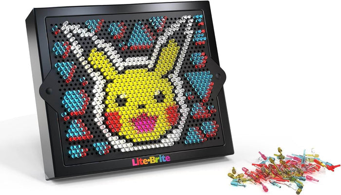 Black Lite-Brite board with a yellow Pikachu peg art design and a pile of extra colorful pegs on a white background.