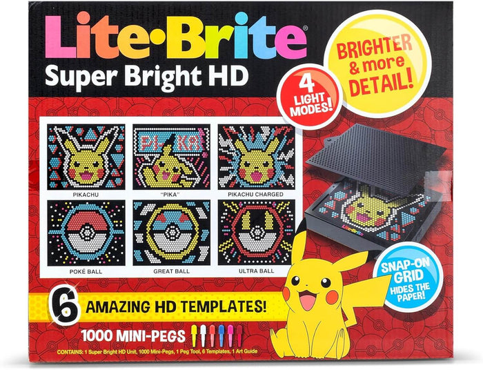 Red Pokémon Lite-Brite HD box with 6 templates of Pikachu and Poké Balls, 1000 mini-pegs, and a black light-up grid.