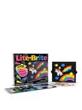 Lite-Brite toy set with glowing screen showing a unicorn and rainbow, colorful plastic pegs, and paper design templates.