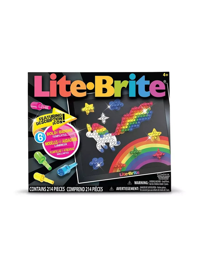 Lite-Brite box featuring a glowing unicorn and rainbow design made of colorful pegs on a black light-up screen.