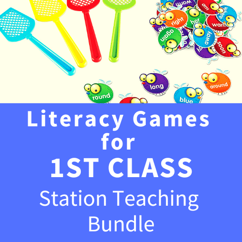 Four colorful fly swatters and bug-shaped word cards above a blue banner for a 1st class literacy game bundle.