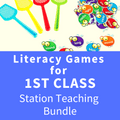 Four colorful fly swatters and bug-shaped word cards above a blue banner for a 1st class literacy game bundle.
