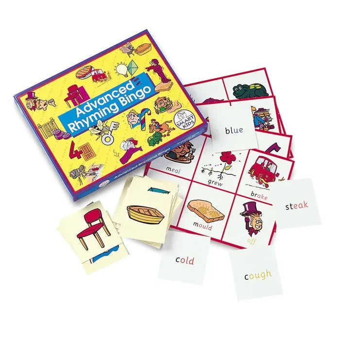 Advanced Rhyming Bingo game box with illustrated bingo boards and matching word cards like blue and steak.