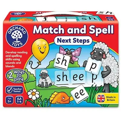Red Orchard Toys box for Match and Spell Next Steps featuring colorful cartoon animals and spelling letter tiles.