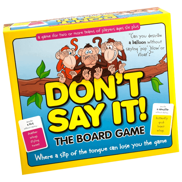 Bright yellow Don't Say It! board game box showing three monkeys on a tree branch and example word cards.