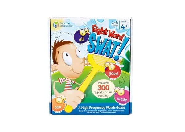 Game box featuring a cartoon boy holding a yellow fly swatter among colorful bugs labeled with sight words.