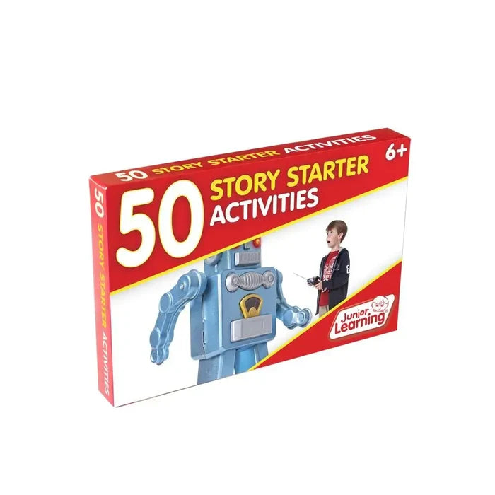 Red box for 50 Story Starter Activities featuring an image of a blue toy robot and a boy with a remote control.