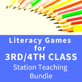 Diagonal row of sharpened colored pencils above blue background with white text for 3rd and 4th class literacy games.