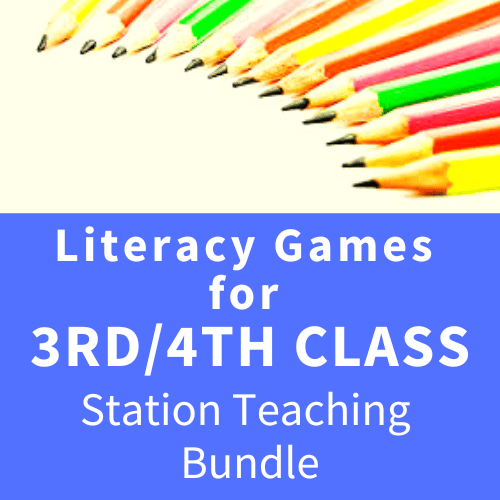 Diagonal row of sharpened colored pencils above blue background with white text for 3rd and 4th class literacy games.