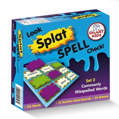 Blue box for Look Splat Spell Check Set 2 board game featuring colorful splat pieces on a word grid.