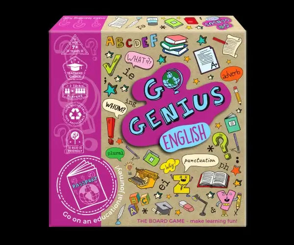 Pink and tan educational board game box titled GO GENIUS ENGLISH, featuring colorful doodles and icons of school supplies.