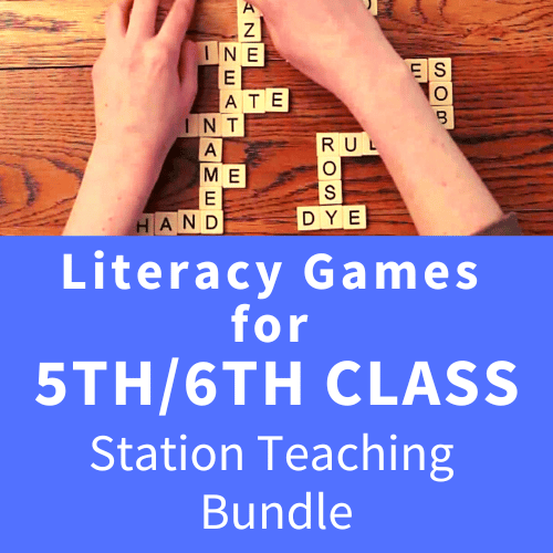 Hands arranging letter tiles on a wooden table above a blue banner for 5th and 6th class literacy games.