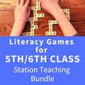 Hands arranging letter tiles on a wooden table above a blue banner for 5th and 6th class literacy games.