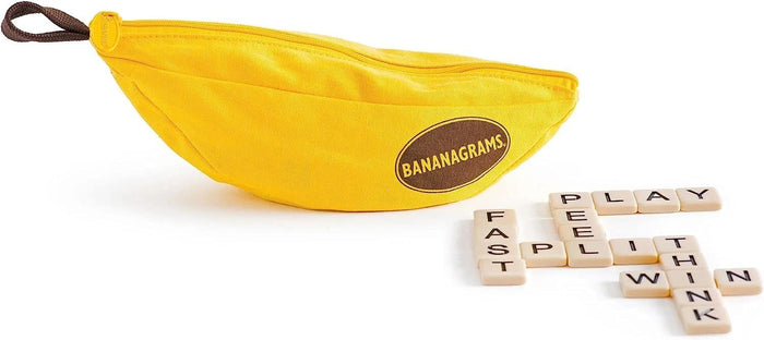 Yellow banana-shaped fabric case with white letter tiles spelling words like PLAY, PEEL, and FAST.
