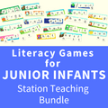 Colorful illustrated word cards and letter tiles above a blue section with white text for junior infant literacy.
