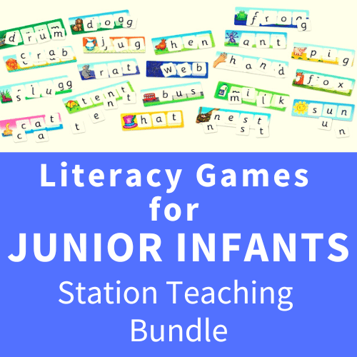 Colorful illustrated word cards and letter tiles above a blue section with white text for junior infant literacy.