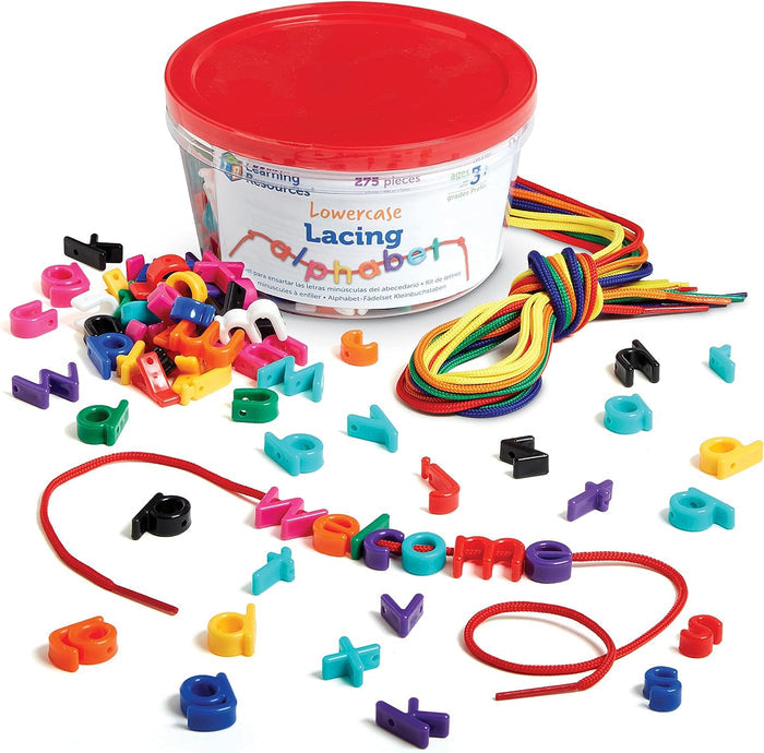 Clear bucket of colorful lowercase letter beads and rainbow laces; letters spell welcome on a red lace.