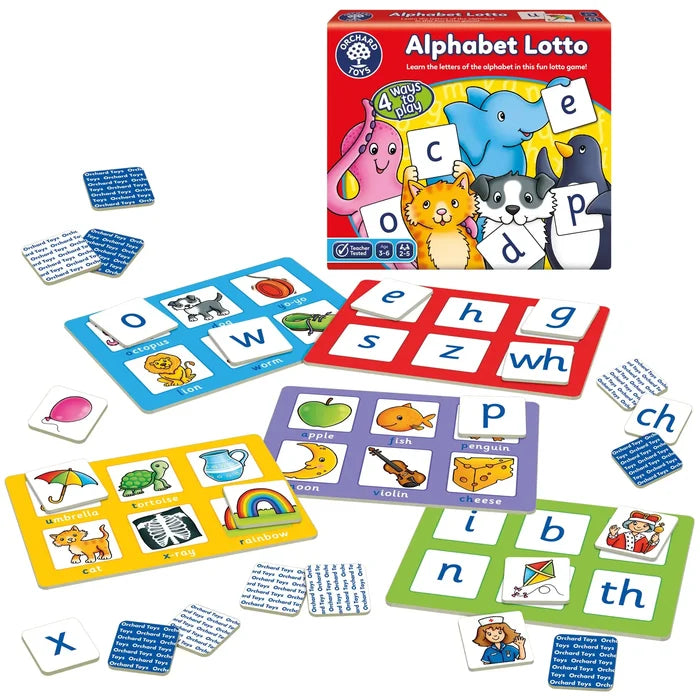 Alphabet Lotto game featuring a red box, five colorful boards, and white square tiles with letters and cartoon illustrations.