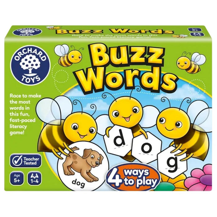 Green Orchard Toys Buzz Words game box showing cartoon bees holding letter tiles to spell the word dog.