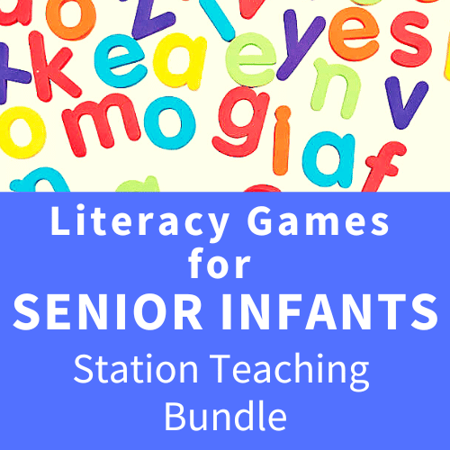 Colorful plastic letters scattered above a blue banner with text for a senior infants literacy games bundle.