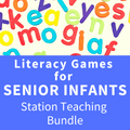 Colorful plastic letters scattered above a blue banner with text for a senior infants literacy games bundle.