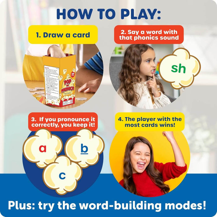 Pop for Phonics game instructions infographic with popcorn-shaped letter cards and children playing.