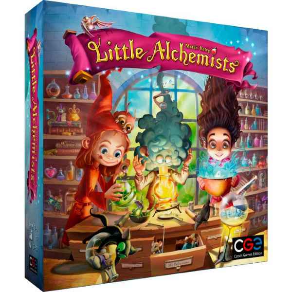 Colorful board game box art with cartoon children brewing potions in a lab, featuring a pink scroll and vibrant details.